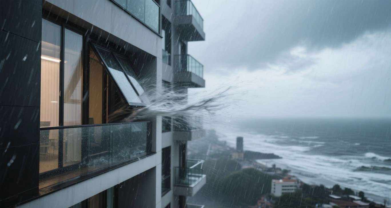 台风暴雨冲击下的住宅窗户
